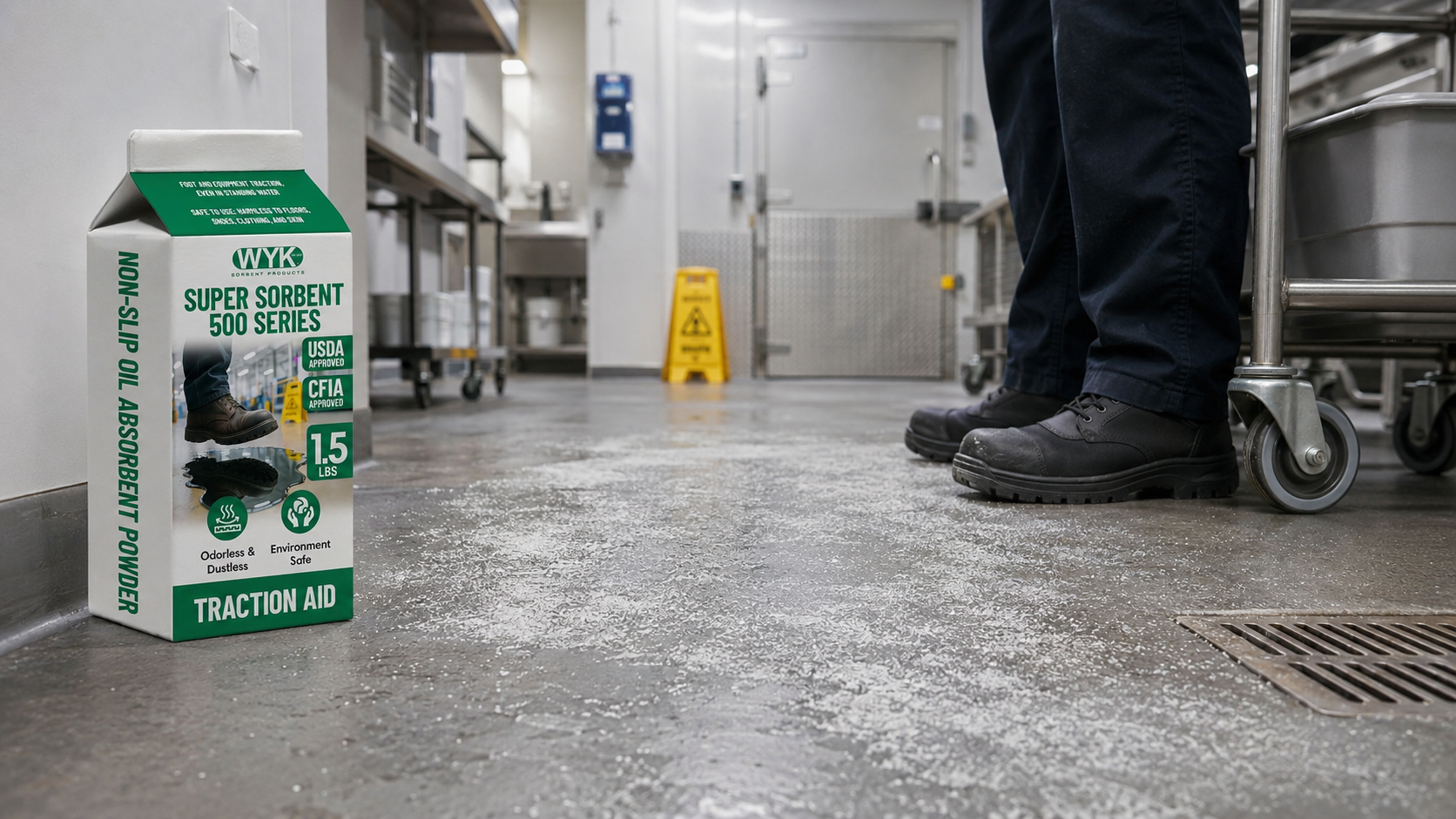 WYK Super Sorbent 500 Series on a spill in a commercial kitchen